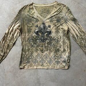 Greensource Y2K Fleur-de-lis Embellished Graphic Long Sleeve Tee